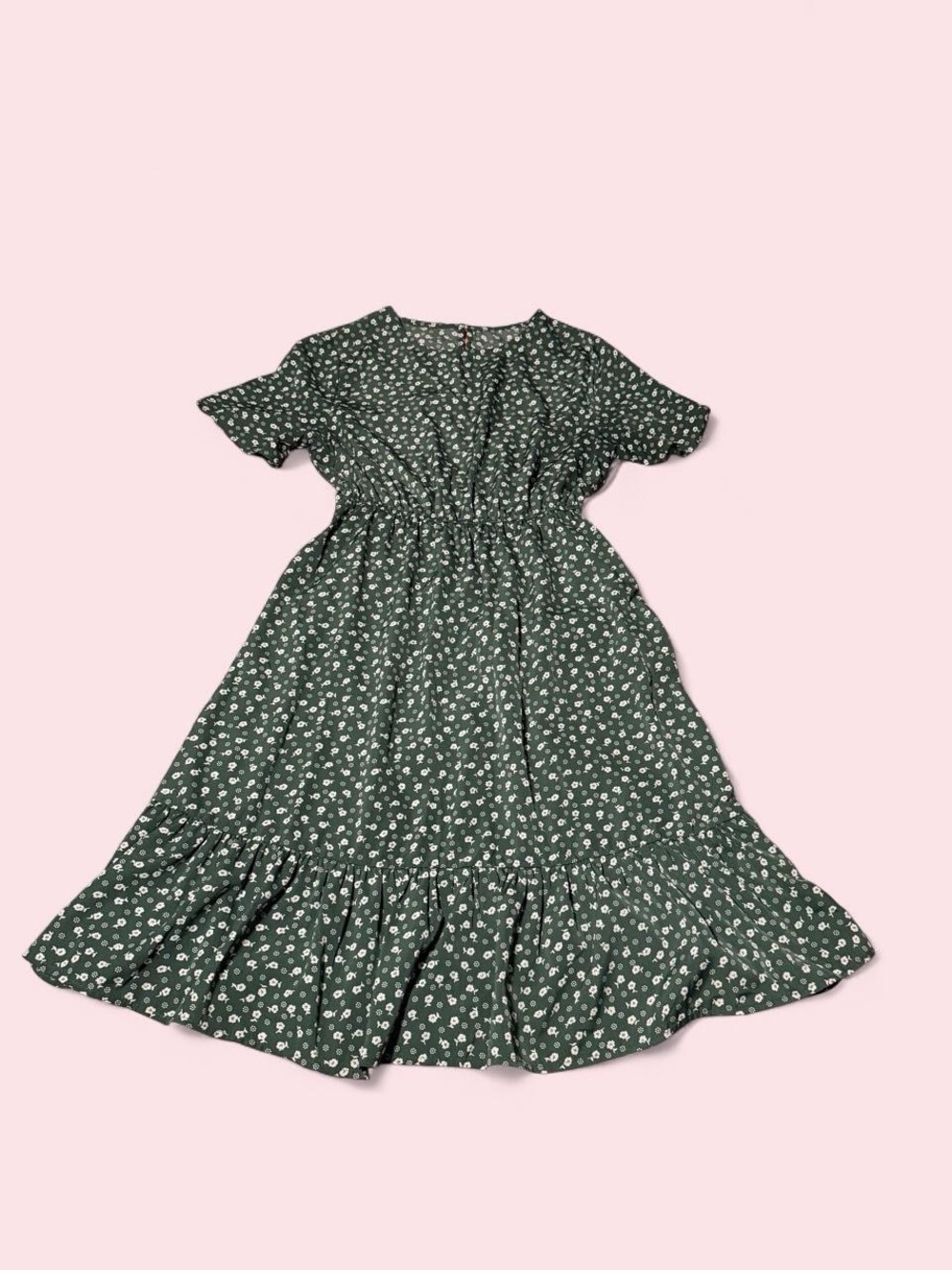 Dark Green Floral Midi Dress with Ruffle Hem